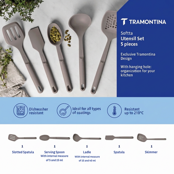 Tramontina Softta 5 Pieces Utensil Set Gray, Silicone