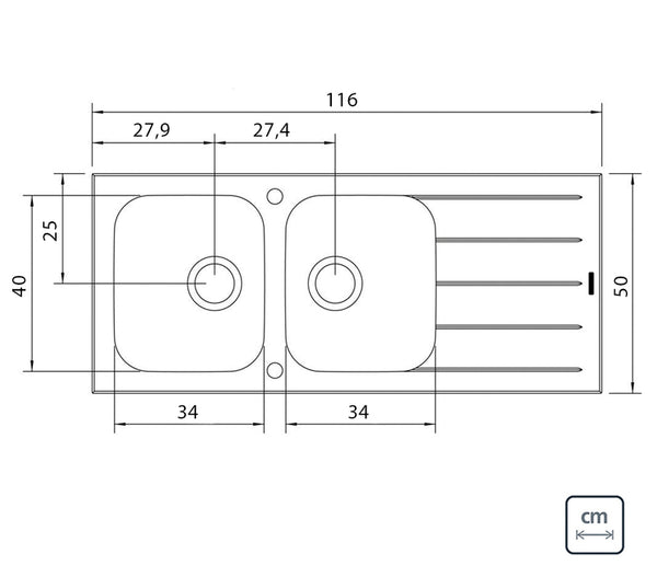 Vitra 2C 34 R 116x50 Double Sink with Drainer T304 with Glass